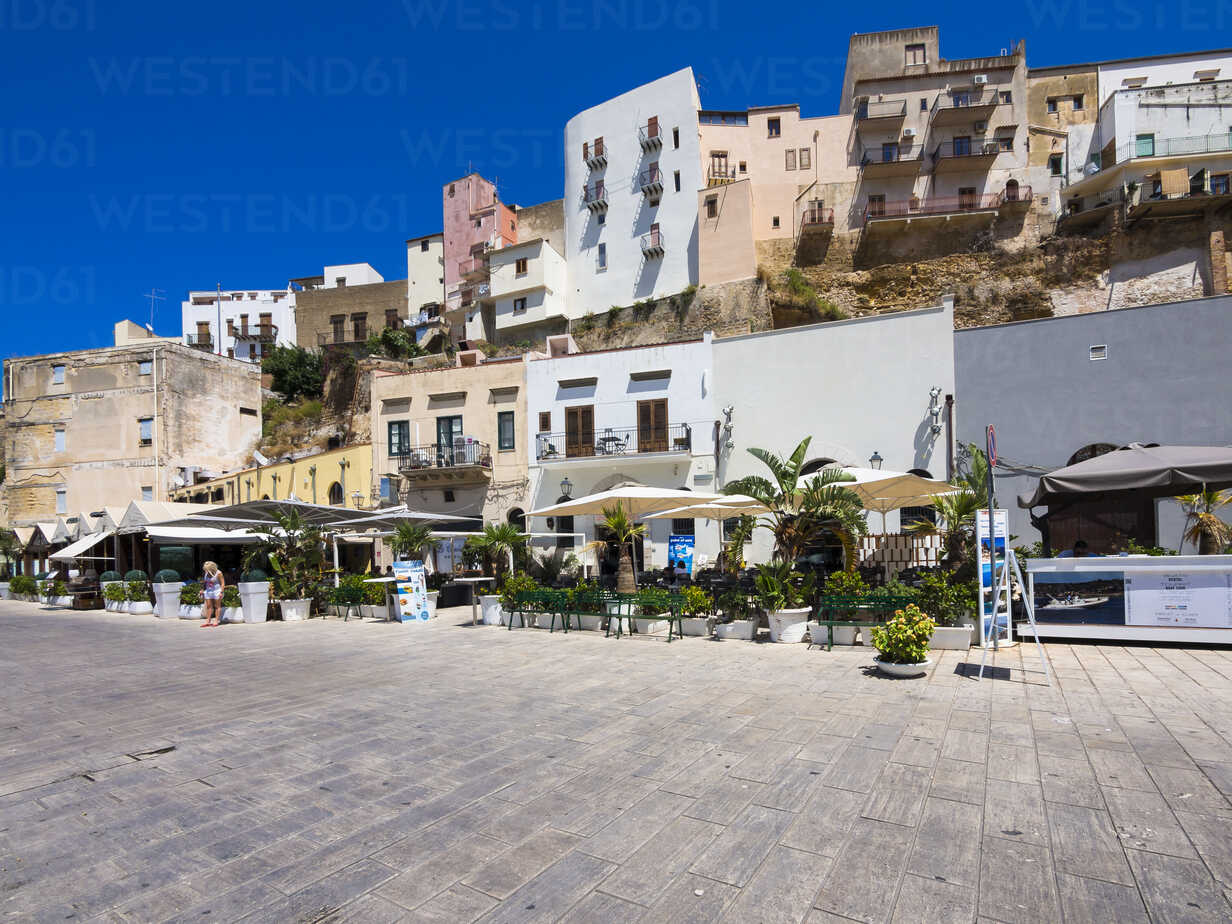 Italy Sicily Province Of Trapani Fishing Village Castellammare Del Golfo Waterfront Promenade And Restaurants Amf Martin