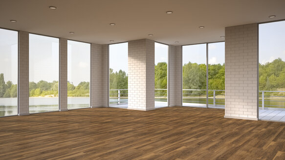 Empty Room With Wooden Floor And View To A Lake 3d Rendering