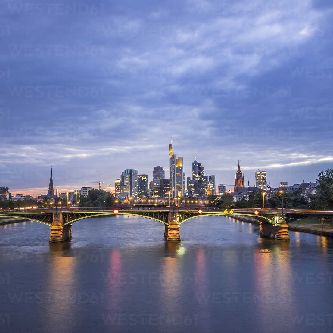 Germany Frankfurt View To Financial District At Blue Hour With Ignatz Bubis Bridge In The Foreground