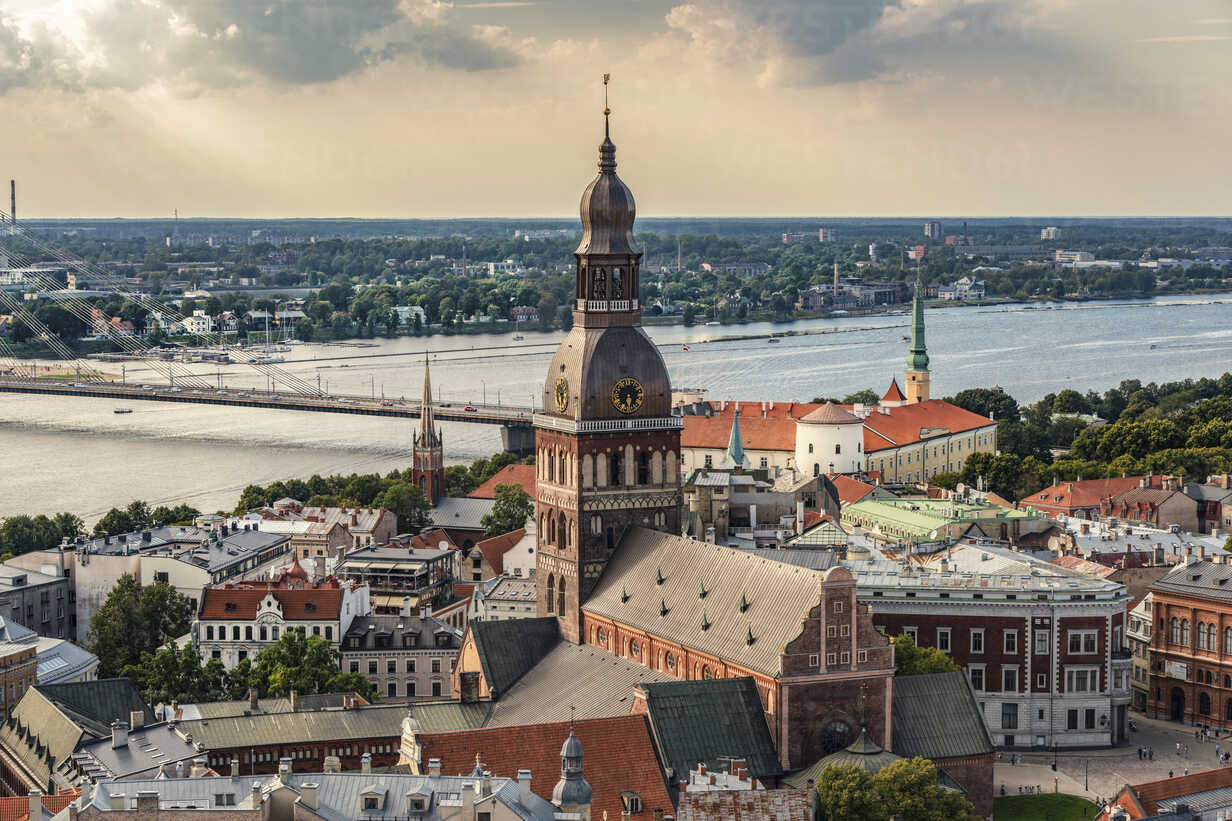 Latvia Riga Cityscape With Cathedral Castle And Vansu Bridge Stockphoto