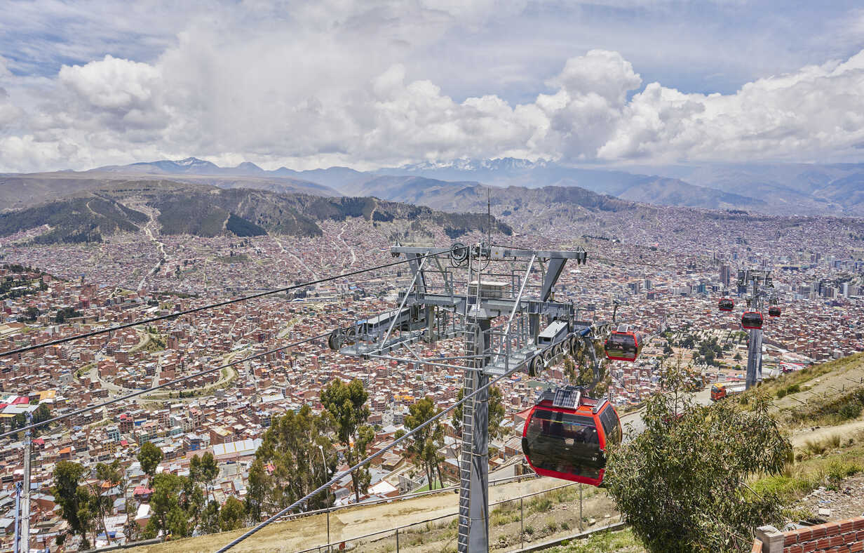 Elevated View Of City With Cable Cars In Foreground La Paz Bolivia South America Stockphoto