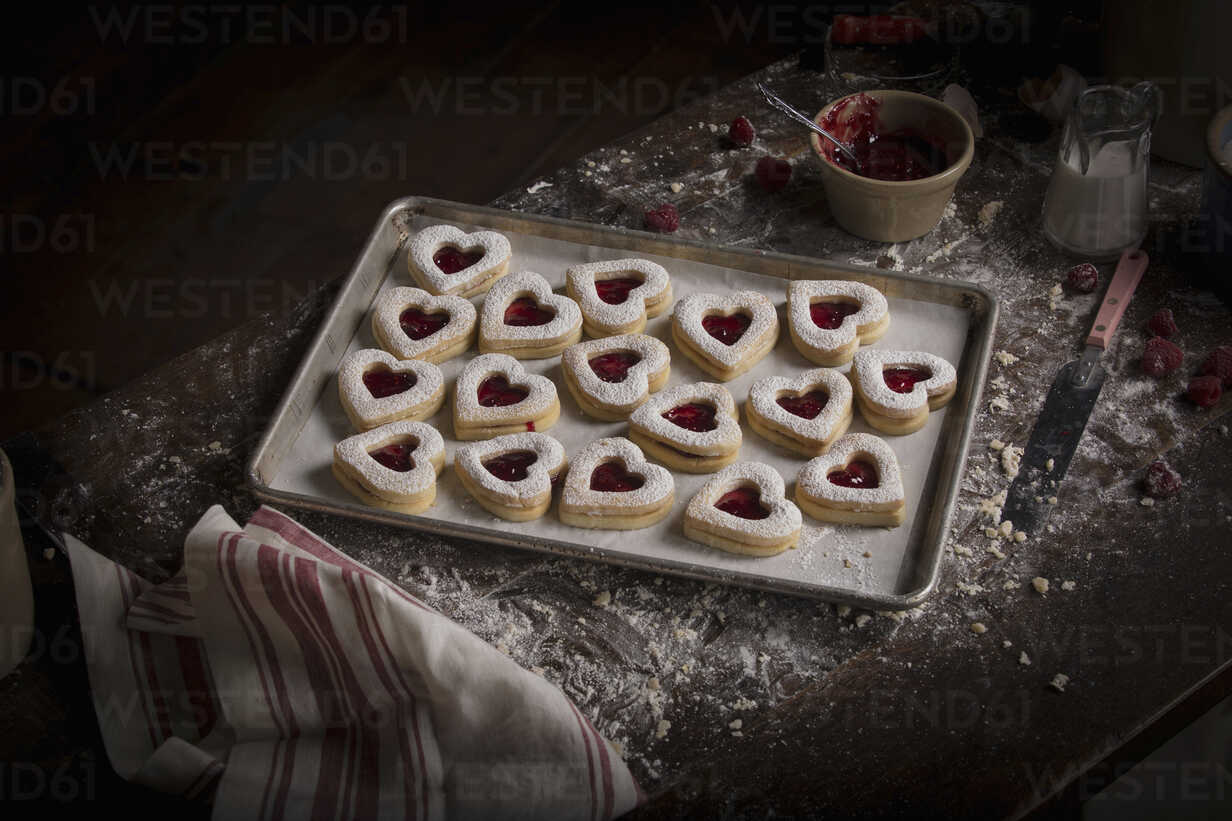 Valentine S Day Baking High Angle View Of A Baking Tray With Heart Shaped Biscuits Minf03989 Mint