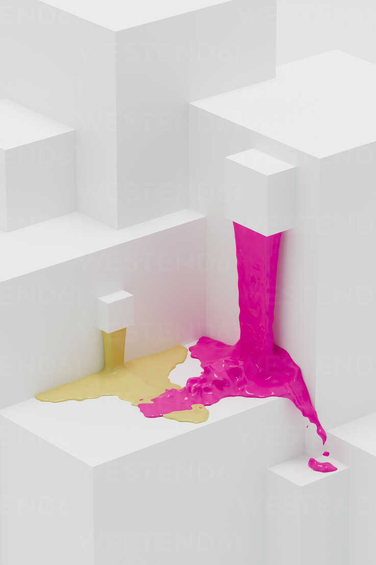 Pink And Yellow Paint Flowing On Abstract 3d Angular Shapes