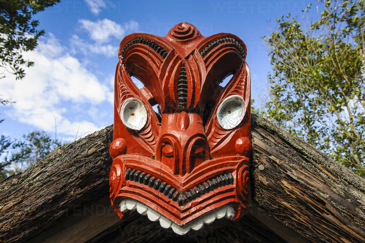 Traditional Wood Carved Mask In The Te Puia Maori Cultural Center Rotorua North Island New Zealand