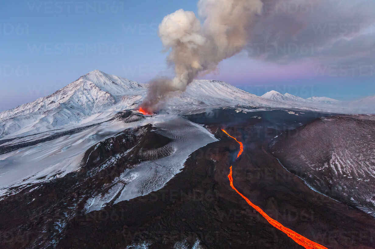 Aerial view of the volcano Plosky Tolbachik  in eruption 