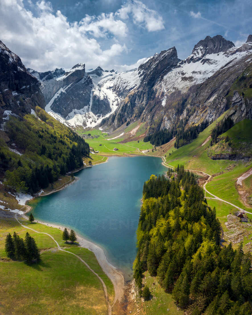 Aerial View Of The Seealpsee Lake Surrounded With Mountains In Canton