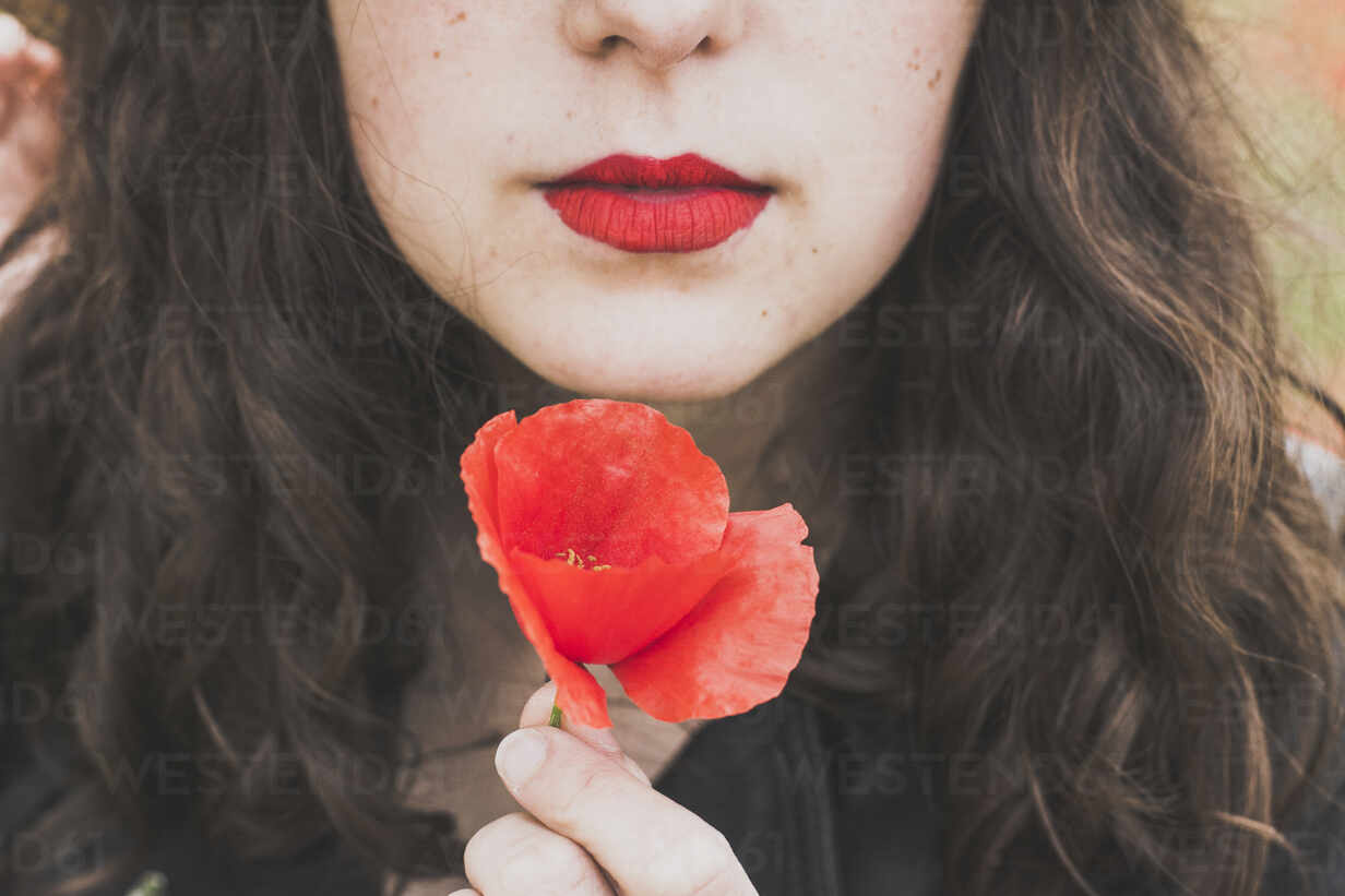 Crop View Of Young Woman With Red Lips Holding Poppy Fvsf00101 Kiviser Westend61
