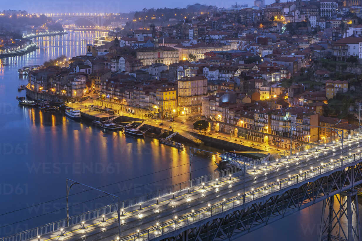 Portugal Porto District Porto Aerial View Of Dom Luis I Bridge At Night Stockphoto