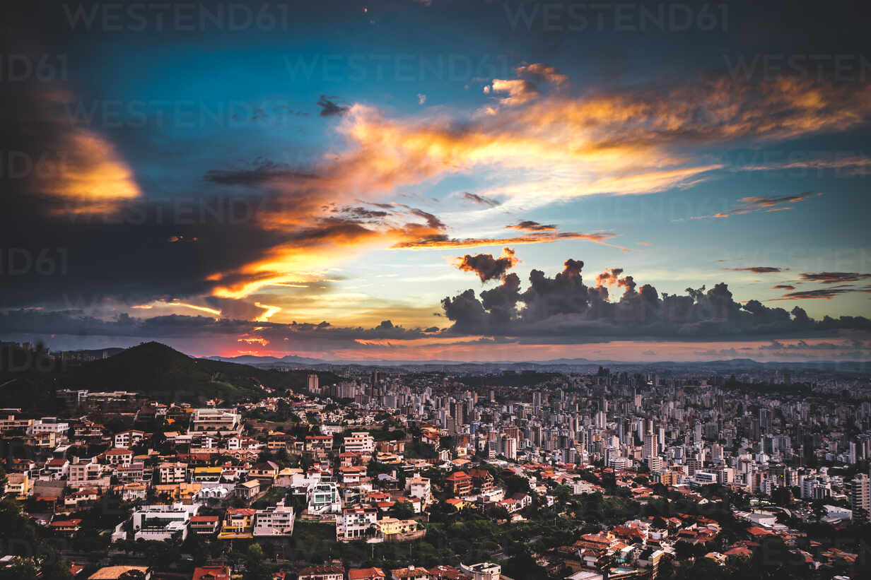 High Angle Shot Of Townscape Against Sky During Sunset Stockphoto