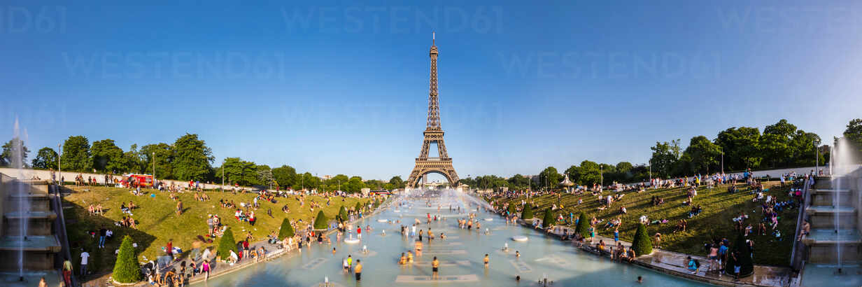 Panoramic View Of Eiffel Tower And People Cooling Off In Trocadero Fountain Paris France Hsif Hsimages