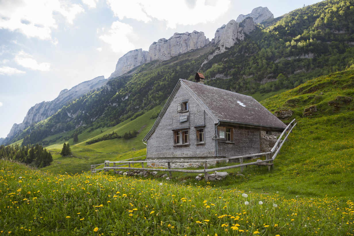 Alpine Hut Below Limestone Spires In Alpstein Appenzell Switzerland Cavf753 Cavan Images Westend61